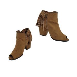 DV Ankle Booties 10 Camel Vegan Faux Leather Long Fringe Peep Toe Zip Up Boho
